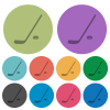 Hockey stick and puck darker flat icons on color round background - Hockey stick and puck color darker flat icons