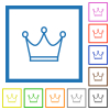 Crown outline flat framed icons - Crown outline flat color icons in square frames on white background