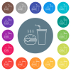 Fast food menu with cheeseburger and drink outline flat white icons on round color backgrounds. 17 background color variations are included. - Fast food menu with cheeseburger and drink outline flat white icons on round color backgrounds