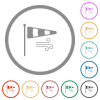 Windsock indicator with wind solid flat icons with outlines - Windsock indicator with wind solid flat color icons in round outlines on white background