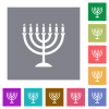 Menorah with burning candles solid flat icons on simple color square backgrounds - Menorah with burning candles solid square flat icons