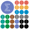 Sum symbol outline multi colored flat icons on round backgrounds. Included white, light and dark icon variations for hover and active status effects, and bonus shades. - Sum symbol outline round flat multi colored icons