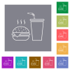 Fast food menu with cheeseburger and drink outline flat icons on simple color square backgrounds - Fast food menu with cheeseburger and drink outline square flat icons