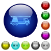 Crane truck icons on round glass buttons in multiple colors. Arranged layer structure - Crane truck color glass buttons