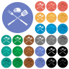 Barbecue fork and spatula with steak round flat multi colored icons - Barbecue fork and spatula with steak multi colored flat icons on round backgrounds. Included white, light and dark icon variations for hover and active status effects, and bonus shades.