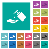 Hand washing with liquid soap square flat multi colored icons - Hand washing with liquid soap multi colored flat icons on plain square backgrounds. Included white and darker icon variations for hover or active effects.