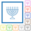Menorah with burning candles outline flat framed icons - Menorah with burning candles outline flat color icons in square frames on white background