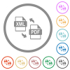 XML PDF file conversion flat icons with outlines - XML PDF file conversion flat color icons in round outlines on white background