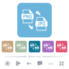 PNG JPG file conversion white flat icons on color rounded square backgrounds. 6 bonus icons included - PNG JPG file conversion flat icons on color rounded square backgrounds