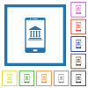 Mobile banking flat framed icons - Mobile banking flat color icons in square frames on white background