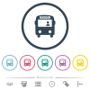 School bus with driver flat color icons in round outlines. 6 bonus icons included. - School bus with driver flat color icons in round outlines