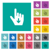 Hand cursor down solid square flat multi colored icons - Hand cursor down solid multi colored flat icons on plain square backgrounds. Included white and darker icon variations for hover or active effects.