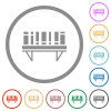 Bookshelf with books solid flat icons with outlines - Bookshelf with books solid flat color icons in round outlines on white background