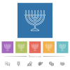 Menorah with burning candles outline flat white icons in square backgrounds. 6 bonus icons included. - Menorah with burning candles outline flat white icons in square backgrounds