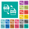 PDF WEBP file conversion square flat multi colored icons - PDF WEBP file conversion multi colored flat icons on plain square backgrounds. Included white and darker icon variations for hover or active effects.