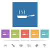 Glossy steaming frying pan side view flat white icons in square backgrounds - Glossy steaming frying pan side view flat white icons in square backgrounds. 6 bonus icons included.