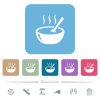 Glossy steaming bowl of soup with spoon white flat icons on color rounded square backgrounds. 6 bonus icons included - Glossy steaming bowl of soup with spoon flat icons on color rounded square backgrounds