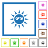 Sun with glossy sunglasses flat color icons in square frames on white background - Sun with glossy sunglasses flat framed icons