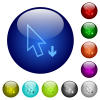 Arrow cursor down outline icons on round glass buttons in multiple colors. Arranged layer structure - Arrow cursor down outline color glass buttons