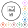 Save image to floppy disk flat icons with outlines - Save image to floppy disk flat color icons in round outlines on white background