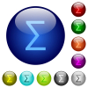 Sum symbol icons on round glass buttons in multiple colors. Arranged layer structure - Sum symbol color glass buttons