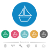 Sailboat outline flat round icons - Sailboat outline flat white icons on round color backgrounds. 6 bonus icons included.