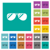 Aviator sunglasses with glosses multi colored flat icons on plain square backgrounds. Included white and darker icon variations for hover or active effects. - Aviator sunglasses with glosses square flat multi colored icons