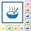 Steaming bowl of soup with spoon flat color icons in square frames on white background - Steaming bowl of soup with spoon flat framed icons