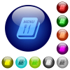 Menu with fork and knife icons on round glass buttons in multiple colors. Arranged layer structure - Menu with fork and knife color glass buttons