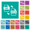 XML DOCX file conversion multi colored flat icons on plain square backgrounds. Included white and darker icon variations for hover or active effects. - XML DOCX file conversion square flat multi colored icons