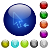 Arrow cursor left outline icons on round glass buttons in multiple colors. Arranged layer structure - Arrow cursor left outline color glass buttons