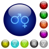 Male and felmale gender symbols icons on round glass buttons in multiple colors. Arranged layer structure - Male and felmale gender symbols color glass buttons