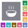 Glossy steaming bowl flat icons on simple color square backgrounds - Glossy steaming bowl square flat icons