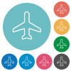 Airplane top view outline flat white icons on round color backgrounds - Airplane top view outline flat round icons