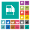 Binary file type square flat multi colored icons - Binary file type multi colored flat icons on plain square backgrounds. Included white and darker icon variations for hover or active effects.