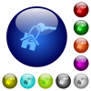 House key icons on round glass buttons in multiple colors. Arranged layer structure - House key color glass buttons