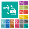 XML AI file conversion multi colored flat icons on plain square backgrounds. Included white and darker icon variations for hover or active effects. - XML AI file conversion square flat multi colored icons