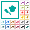 Meat cleaver knife and chef hat flat color icons with quadrant frames - Meat cleaver knife and chef hat flat color icons with quadrant frames on white background