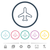 Airplane top view outline flat color icons in round outlines. 6 bonus icons included. - Airplane top view outline flat color icons in round outlines
