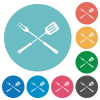 Barbecue fork and spatula in crossed position flat white icons on round color backgrounds - Barbecue fork and spatula in crossed position flat round icons