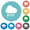 Stormy and downpour weather flat white icons on round color backgrounds - Stormy and downpour weather flat round icons