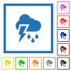 Stormy weather flat color icons in square frames on white background - Stormy weather flat framed icons