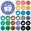 Dogecoin cryptocurrency mining with treasure multi colored flat icons on round backgrounds. Included white, light and dark icon variations for hover and active status effects, and bonus shades. - Dogecoin cryptocurrency mining with treasure round flat multi colored icons