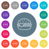 Single cheeseburger outline flat white icons on round color backgrounds. 17 background color variations are included. - Single cheeseburger outline flat white icons on round color backgrounds