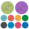 Fast food menu with cheeseburger and drink outline darker flat icons on color round background - Fast food menu with cheeseburger and drink outline color darker flat icons