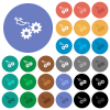 Oiler can and gears multi colored flat icons on round backgrounds. Included white, light and dark icon variations for hover and active status effects, and bonus shades. - Oiler can and gears round flat multi colored icons