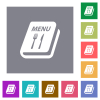 Menu with fork and knife flat icons on simple color square backgrounds - Menu with fork and knife square flat icons