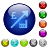 Rising power plant english Pound prices icons on round glass buttons in multiple colors. Arranged layer structure - Rising power plant english Pound prices color glass buttons