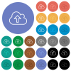 Cloud upload outline multi colored flat icons on round backgrounds. Included white, light and dark icon variations for hover and active status effects, and bonus shades. - Cloud upload outline round flat multi colored icons