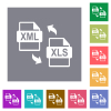 XML XLS file conversion flat icons on simple color square backgrounds - XML XLS file conversion square flat icons